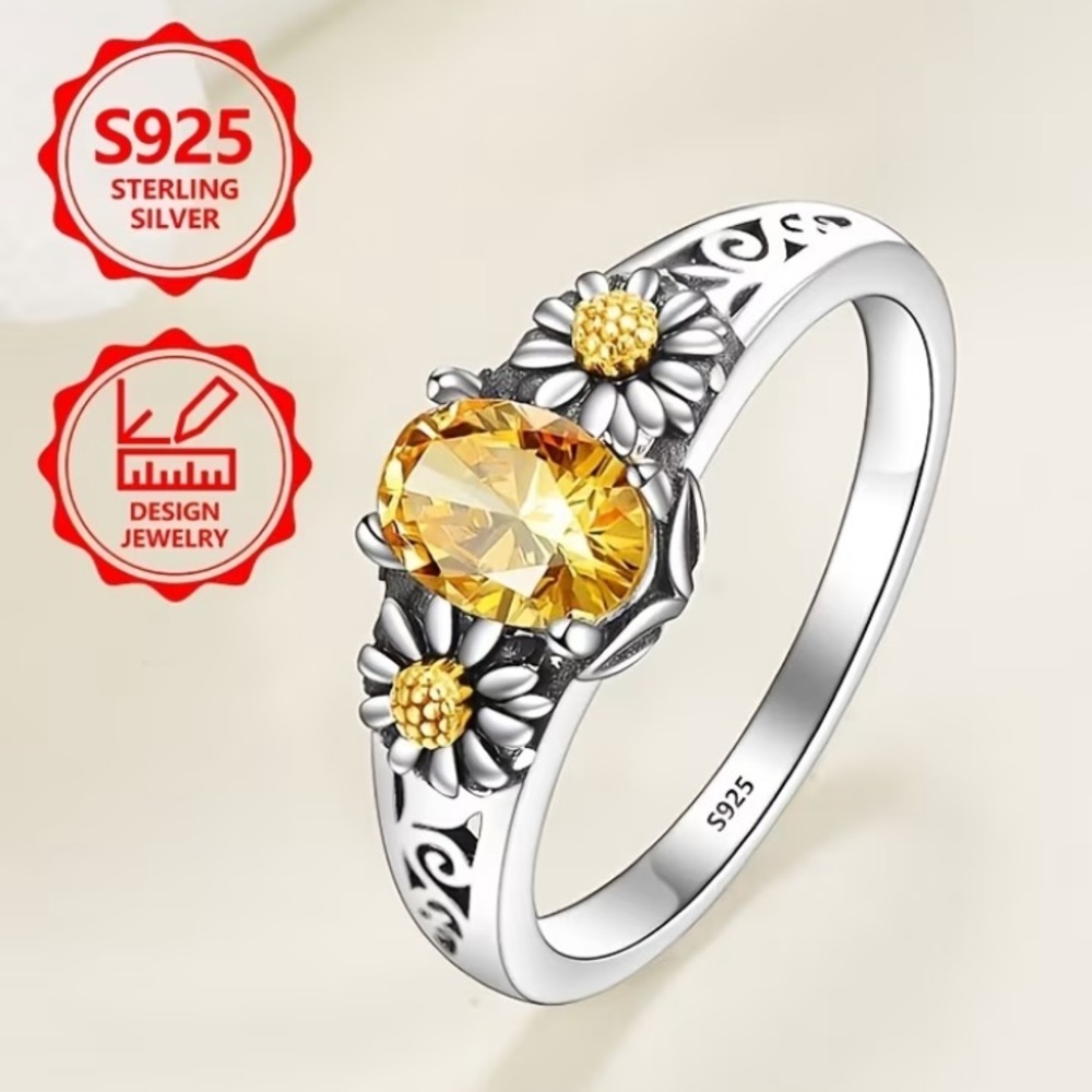 Yellow Citrine Cubic Zirconia and Sunflower S925 Sterling Silver Ring size 7